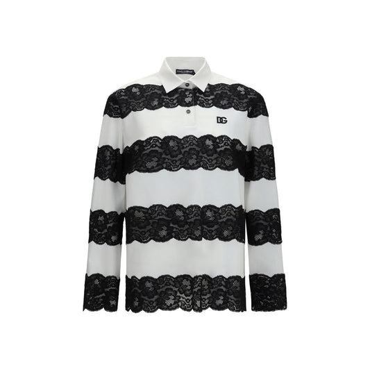 Dolce & Gabbana White & Black Lace Cotton Polo Shirt