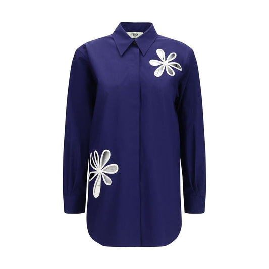 Fendi Ajour Motif Blue Cotton Shirt