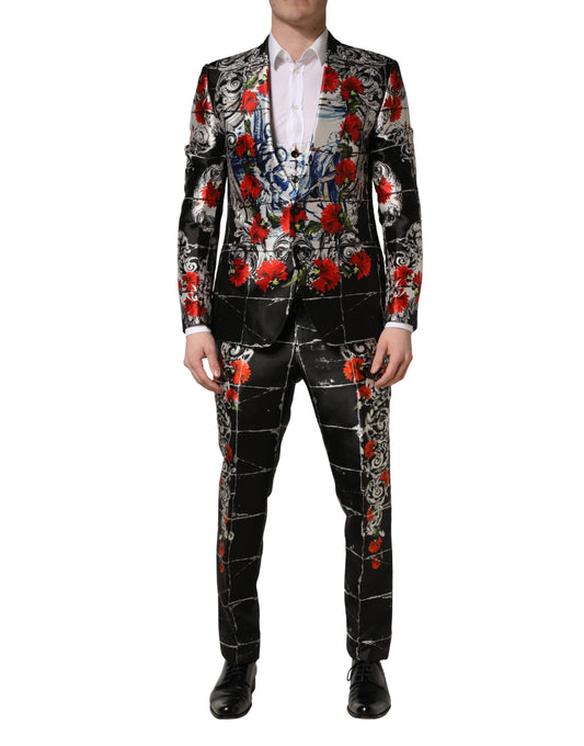 Dolce & Gabbana Black Floral  Formal 3 Piece Silk  Suit - Torero Carnation Print
