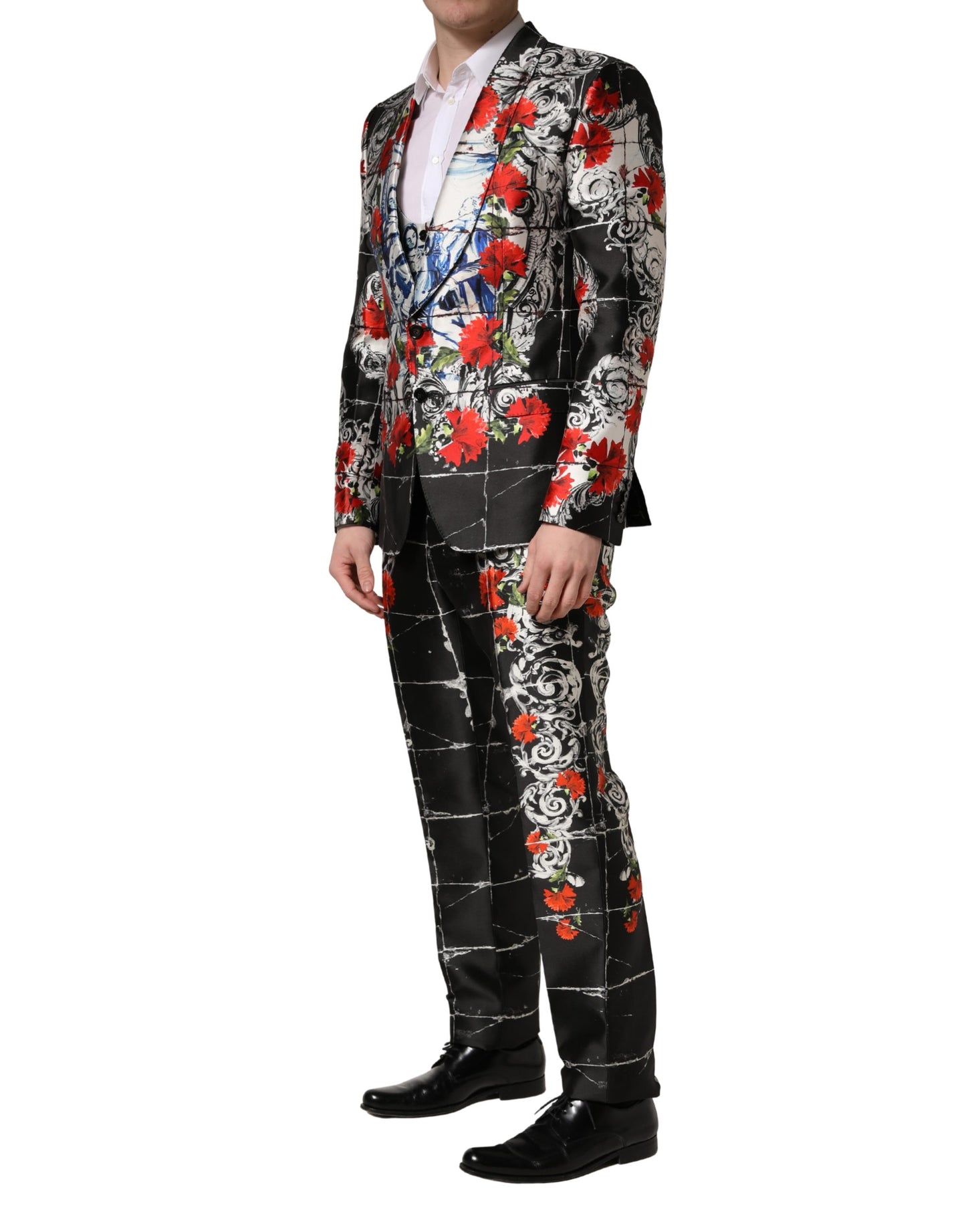 Dolce & Gabbana Black Floral  Formal 3 Piece Silk  Suit - Torero Carnation Print