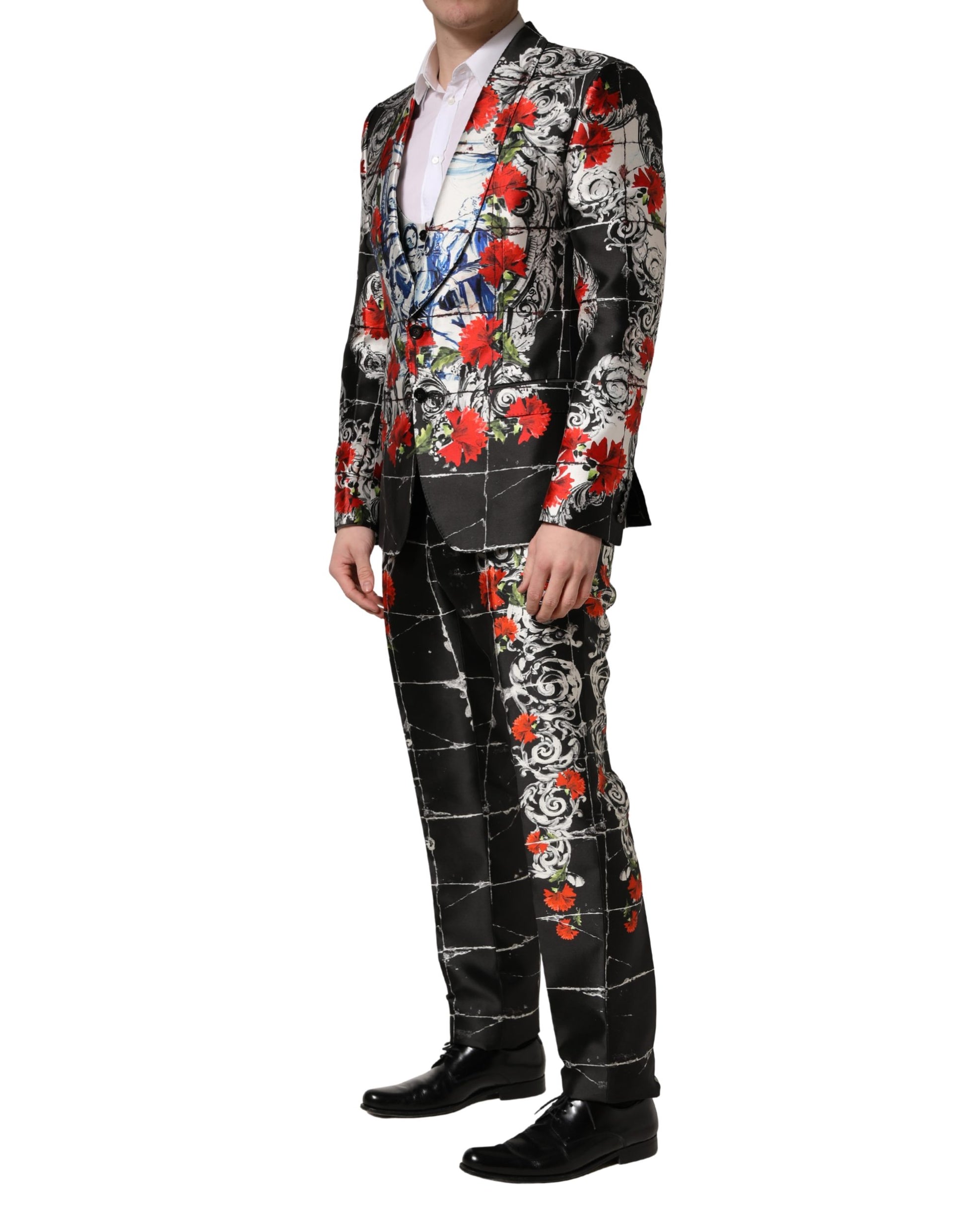 Dolce & Gabbana Black Floral  Formal 3 Piece Silk  Suit - Torero Carnation Print