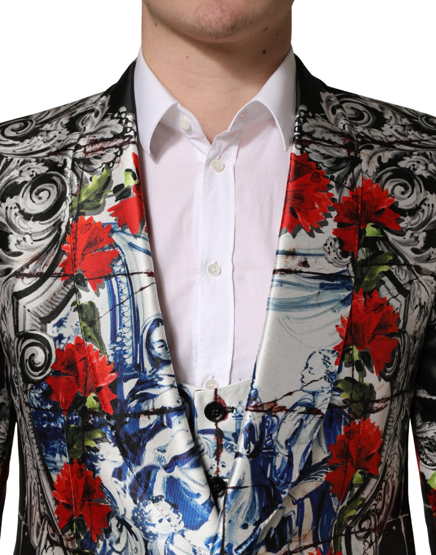 Dolce & Gabbana Black Floral  Formal 3 Piece Silk  Suit - Torero Carnation Print