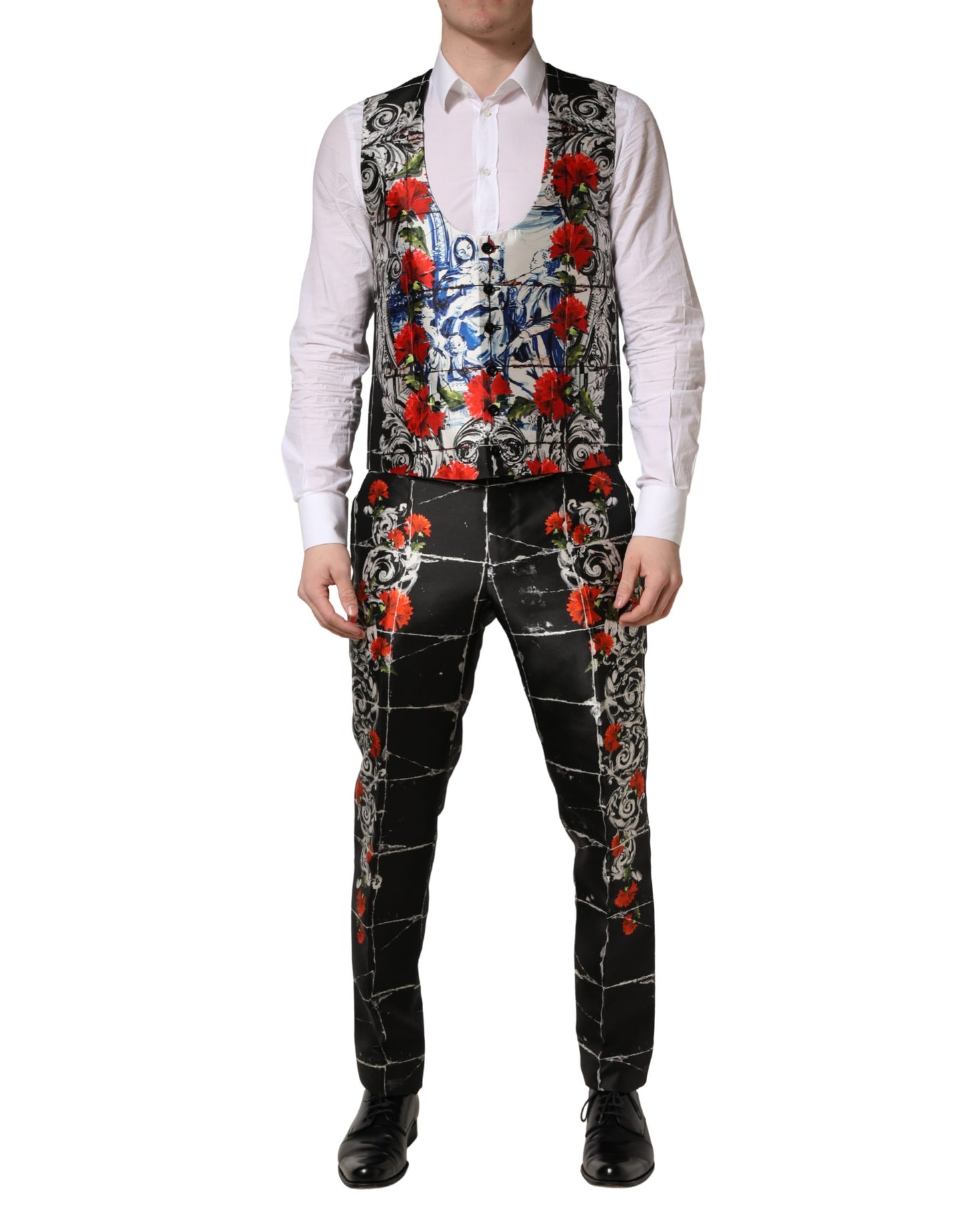 Dolce & Gabbana Black Floral  Formal 3 Piece Silk  Suit - Torero Carnation Print