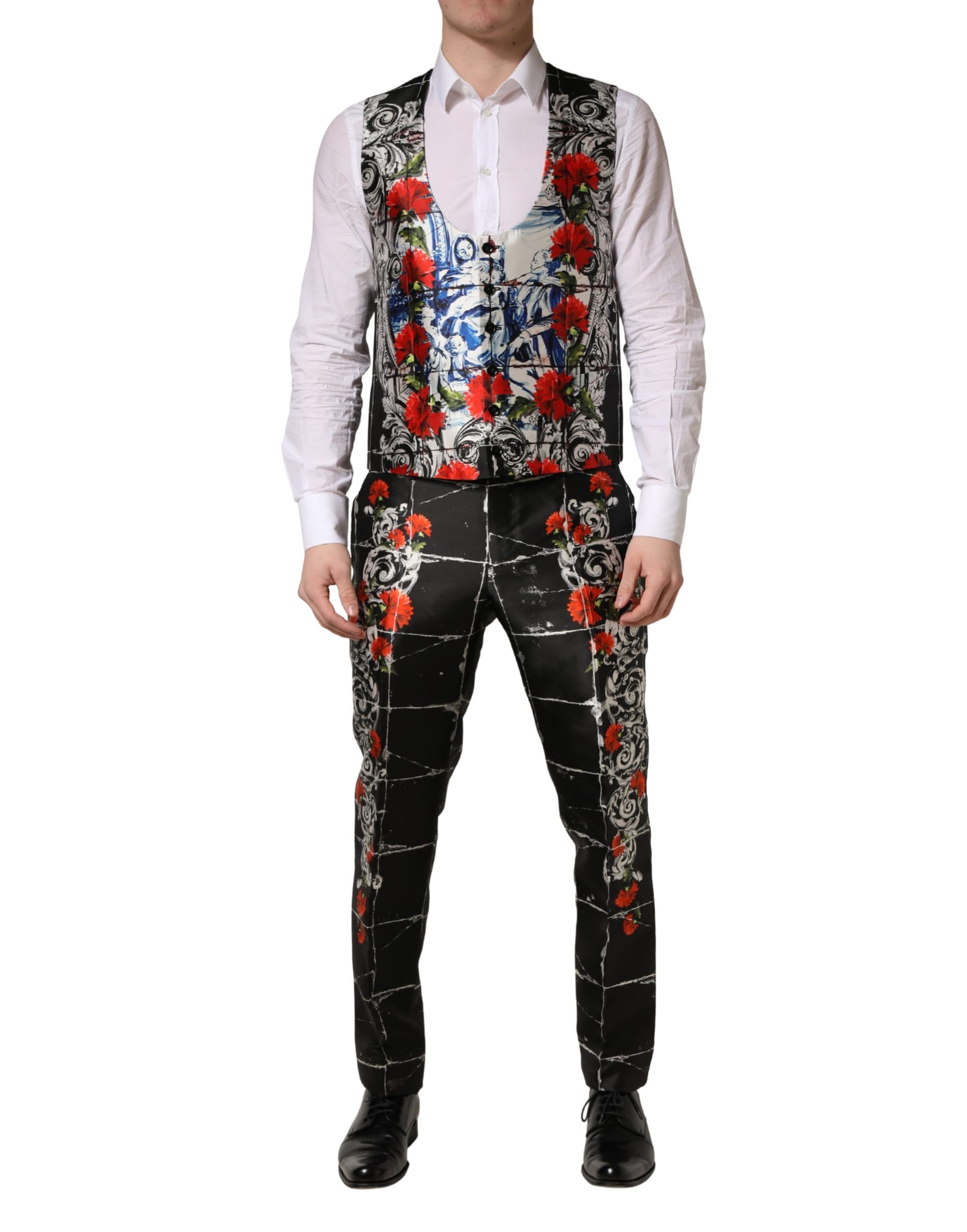 Dolce & Gabbana Black Floral  Formal 3 Piece Silk  Suit - Torero Carnation Print