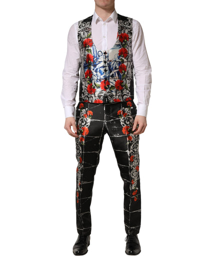 Dolce & Gabbana Black Floral  Formal 3 Piece Silk  Suit - Torero Carnation Print