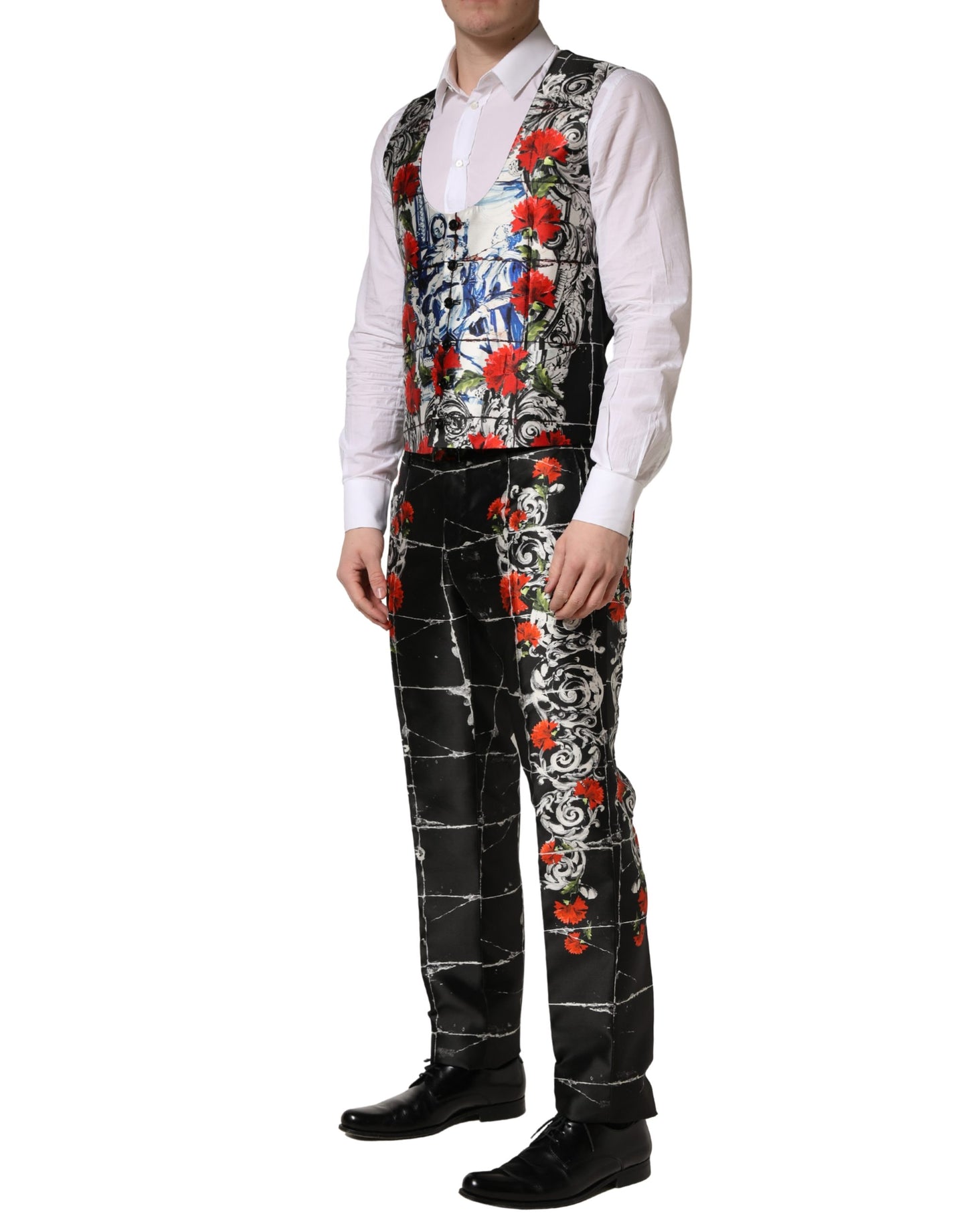 Dolce & Gabbana Black Floral  Formal 3 Piece Silk  Suit - Torero Carnation Print