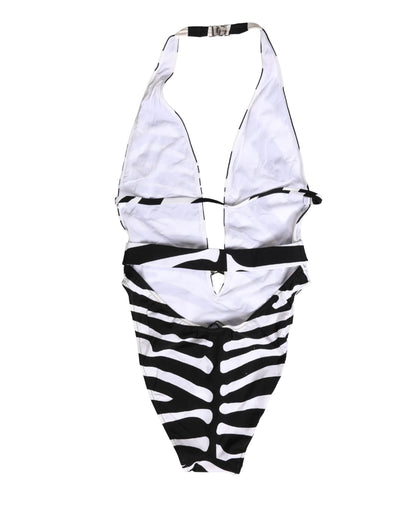 Dolce & Gabbana Black White Zebra Deep V-Neck One Piece Swimwear