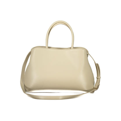 Mario Valentino Beige Leather-Finish Handbag with Elegant Handles
