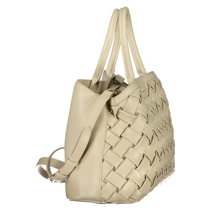 Mario Valentino Beige Leather-Finish Handbag with Elegant Handles