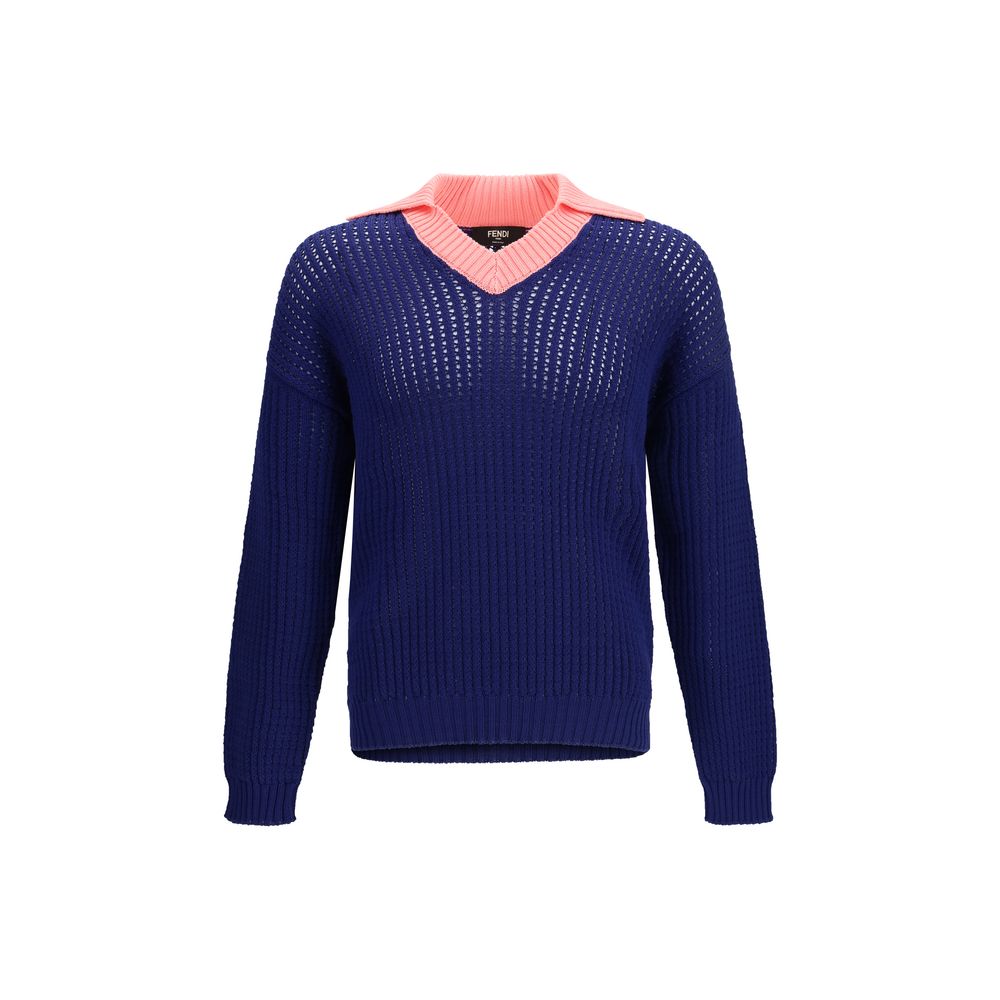 Fendi Blue Cotton Ribbed V-neck Sweater