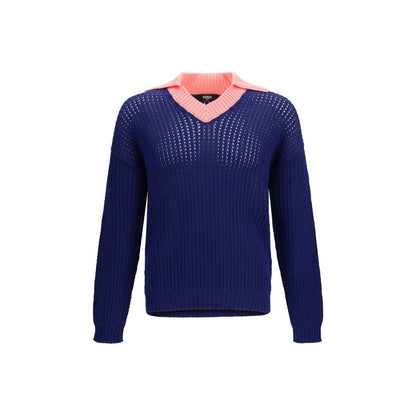 Fendi Blue Cotton Ribbed V-neck Sweater