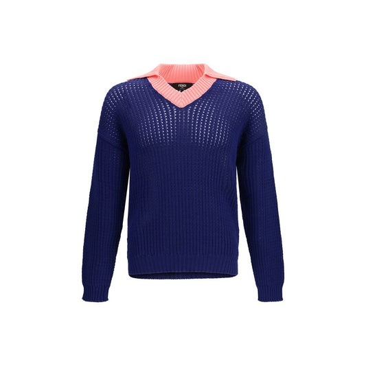 Fendi Blue Cotton Ribbed V-neck Sweater