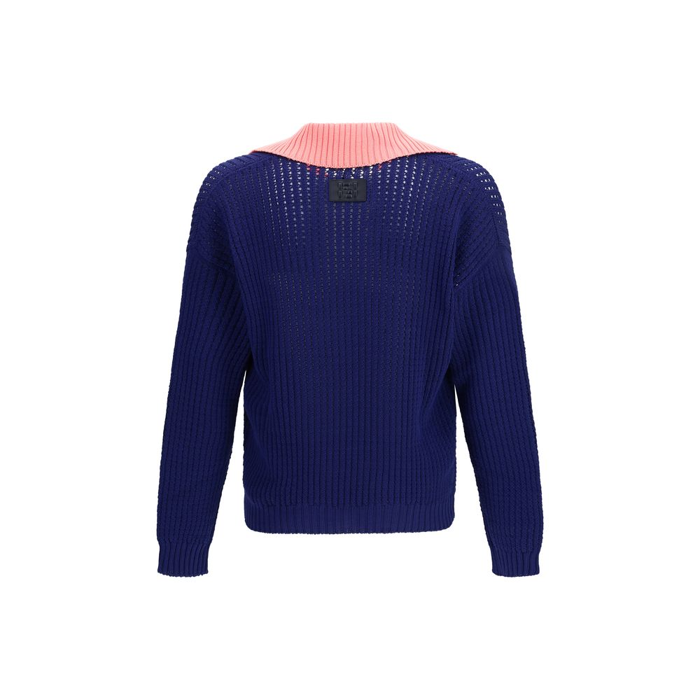 Fendi Blue Cotton Ribbed V-neck Sweater