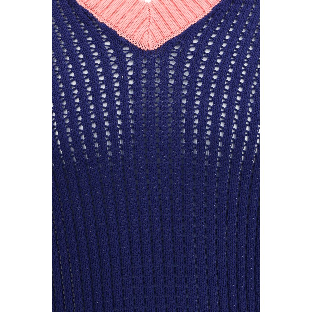 Fendi Blue Cotton Ribbed V-neck Sweater