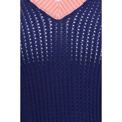 Fendi Blue Cotton Ribbed V-neck Sweater