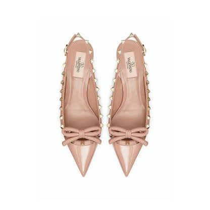 Valentino Garavani Beige Calfskin Rockstud Bow Slingback Pumps