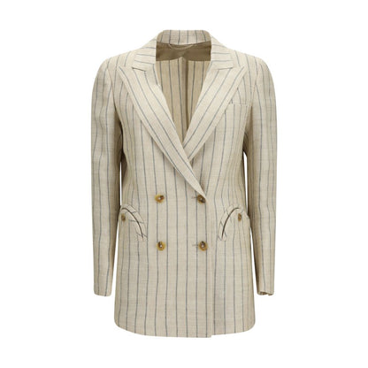 Blazé Milano Beige Linen Blazer - Serene Tea Pinstripe