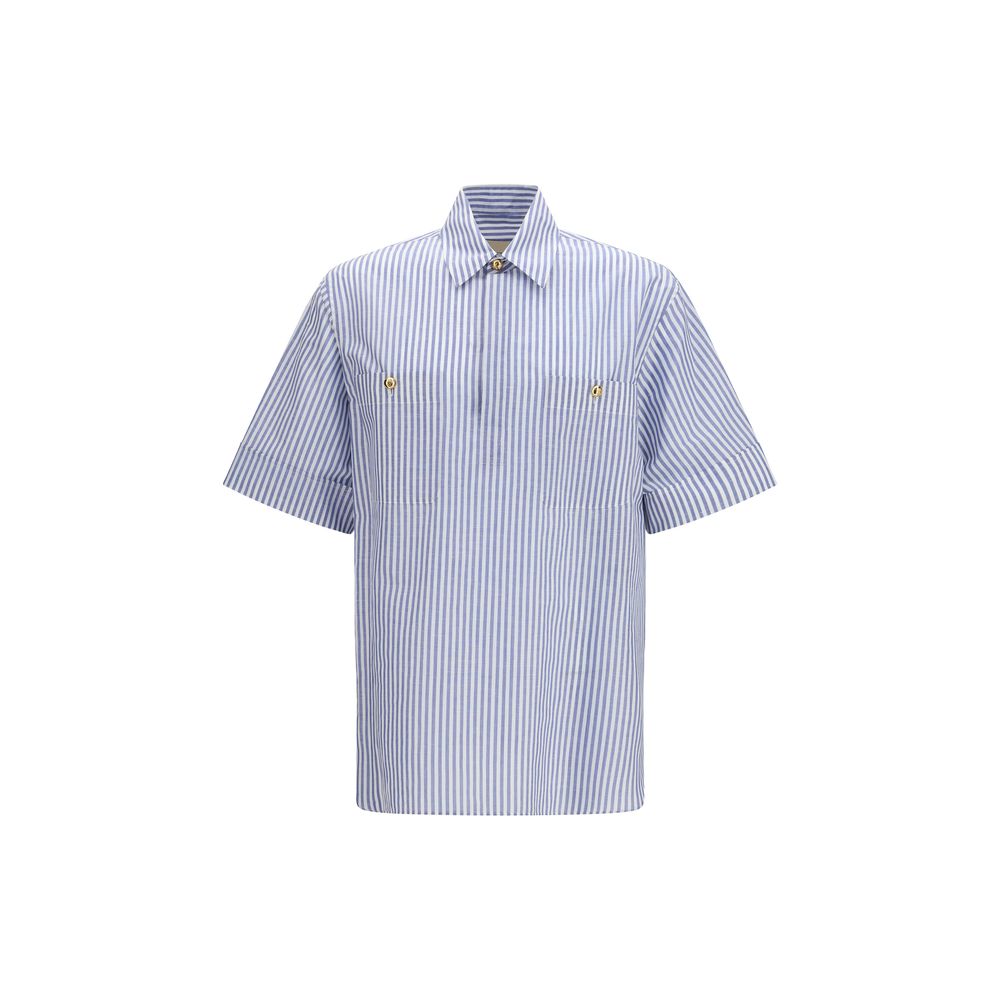 Valentino Blue & White Striped Short-Sleeve Shirt with Logo Buttons
