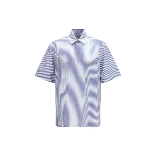 Valentino Blue & White Striped Short-Sleeve Shirt with Logo Buttons