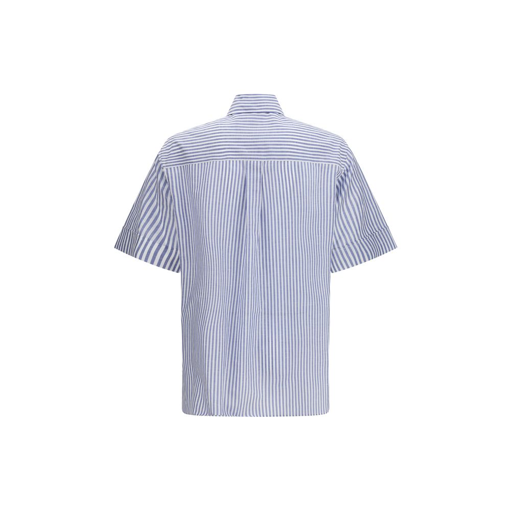 Valentino Blue & White Striped Short-Sleeve Shirt with Logo Buttons