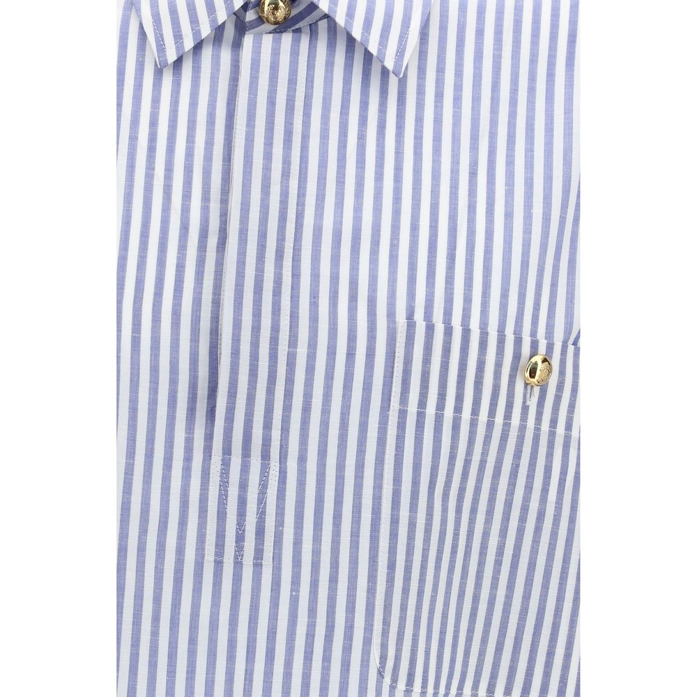 Valentino Blue & White Striped Short-Sleeve Shirt with Logo Buttons
