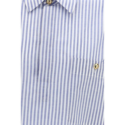 Valentino Blue & White Striped Short-Sleeve Shirt with Logo Buttons