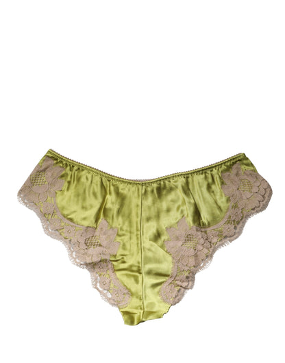Dolce & Gabbana Green Silk Satin Floral Lace Panty Brief