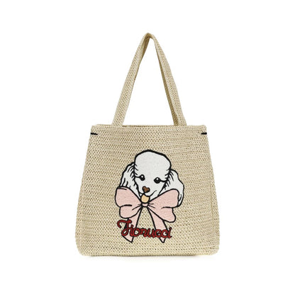 Fiorucci Beige Paper Handbag - Raffia Tote with Poodle Embroidery
