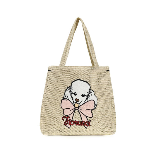 Fiorucci Beige Paper Handbag - Raffia Tote with Poodle Embroidery