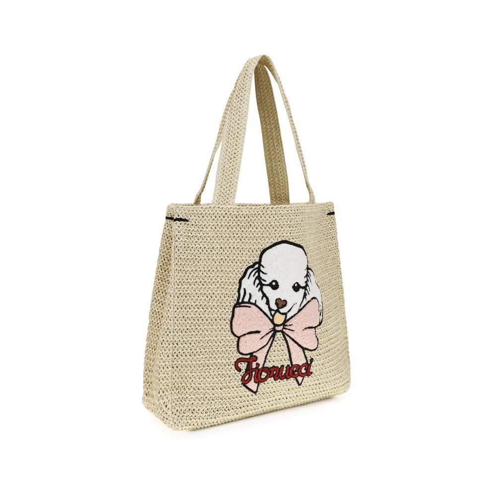 Fiorucci Beige Paper Handbag - Raffia Tote with Poodle Embroidery