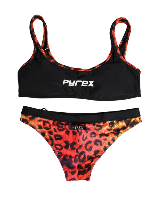 PYREX Black Top Orange Leopard Print Bottom 2 Piece Swimwear