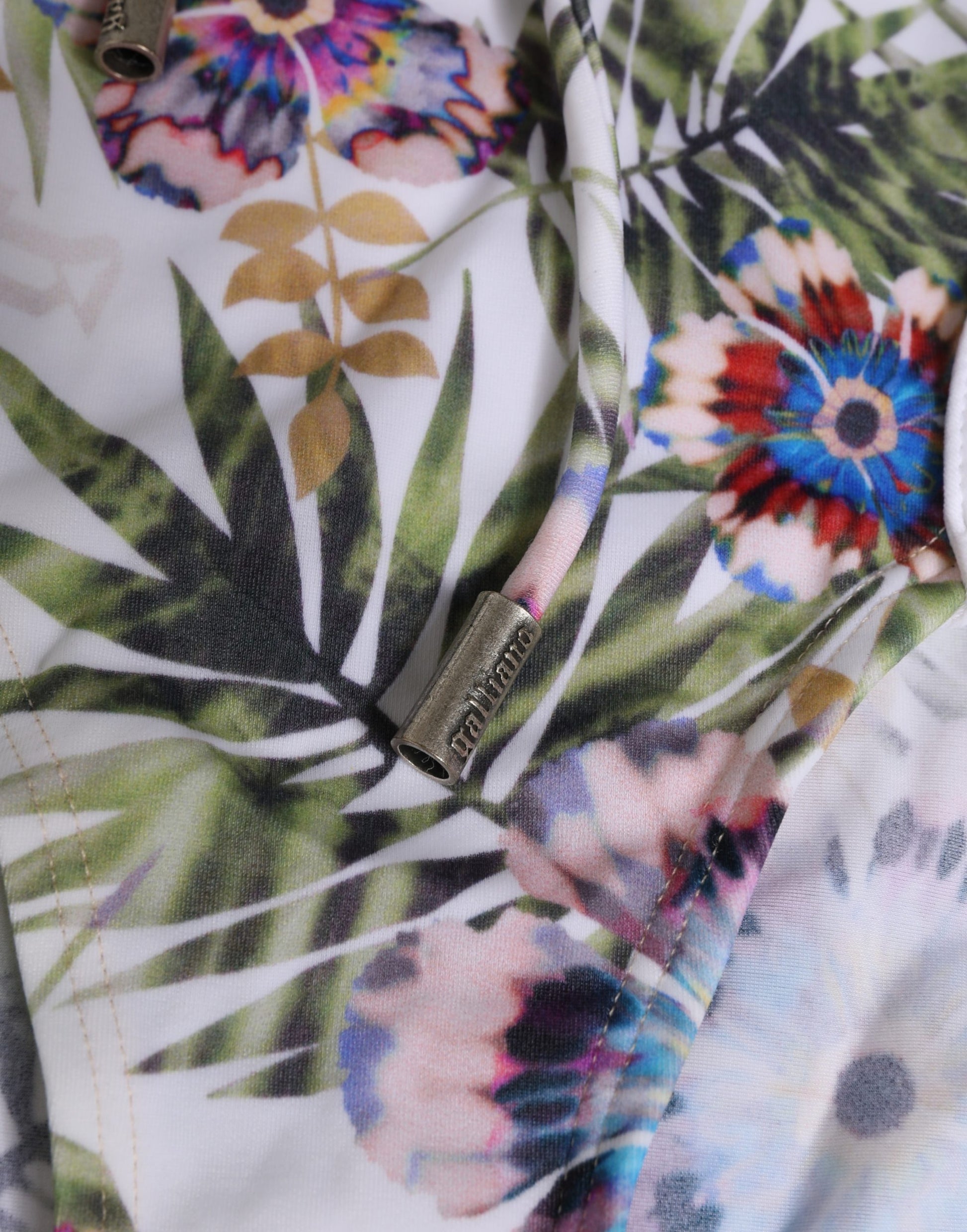 John Galliano White Floral Print Strapless One-Piece Swimsuit