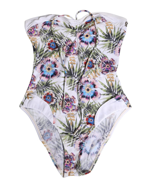 John Galliano White Floral Print Strapless One-Piece Swimsuit