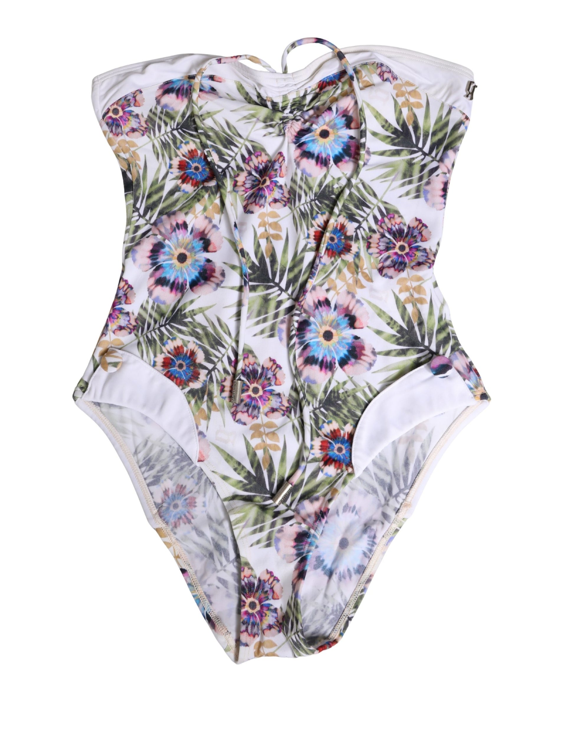 John Galliano White Floral Print Strapless One-Piece Swimsuit