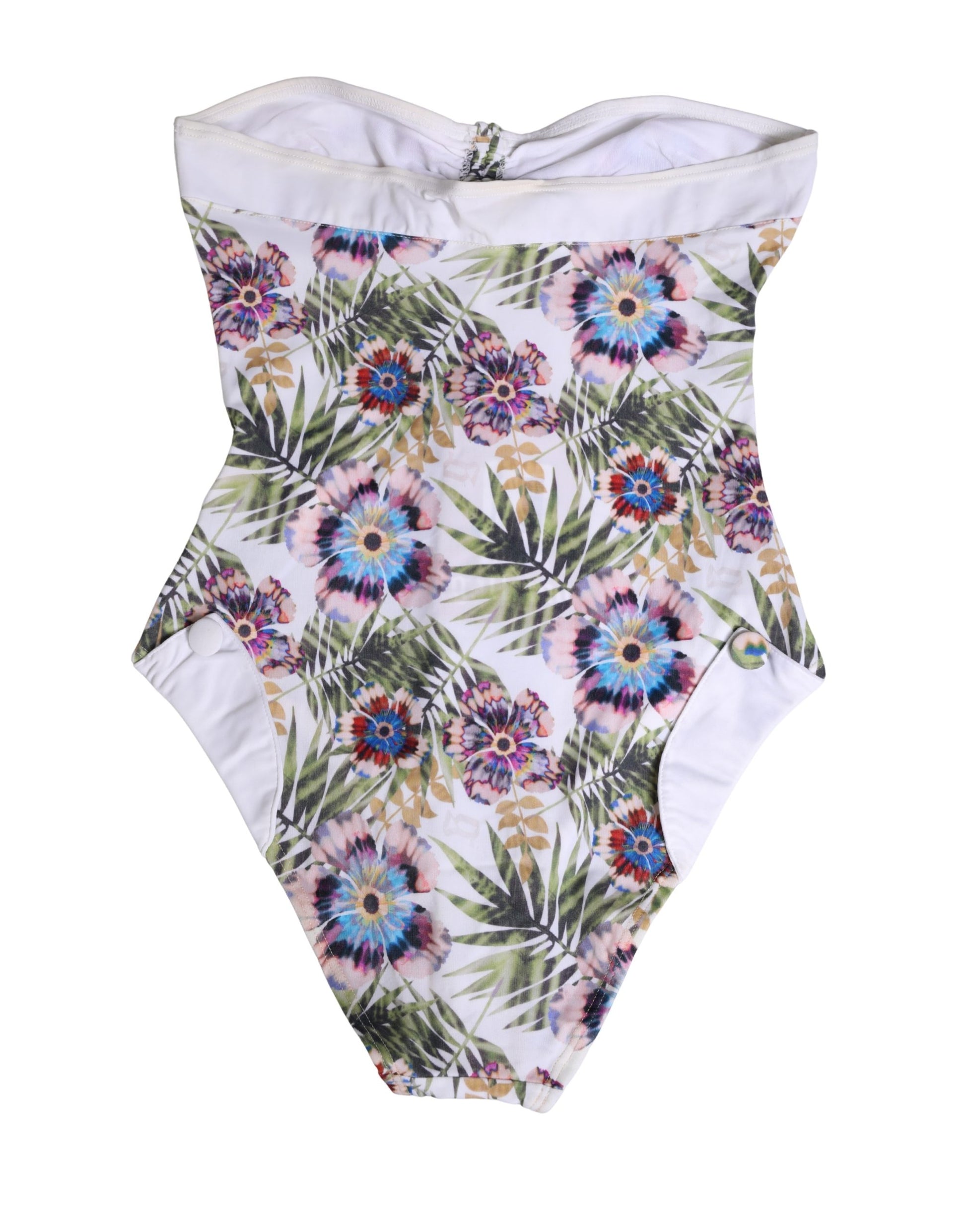 John Galliano White Floral Print Strapless One-Piece Swimsuit