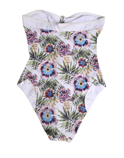 John Galliano White Floral Print Strapless One-Piece Swimsuit