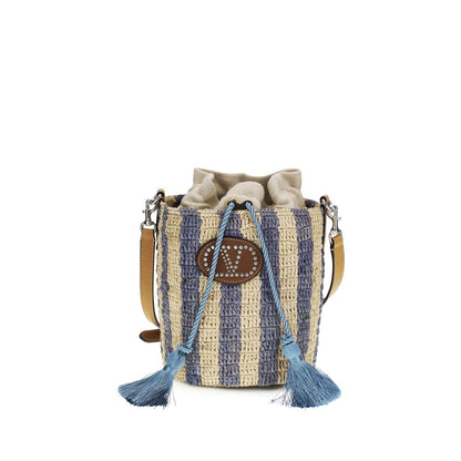 Valentino Garavani Blue Striped Raffia Bucket Bag