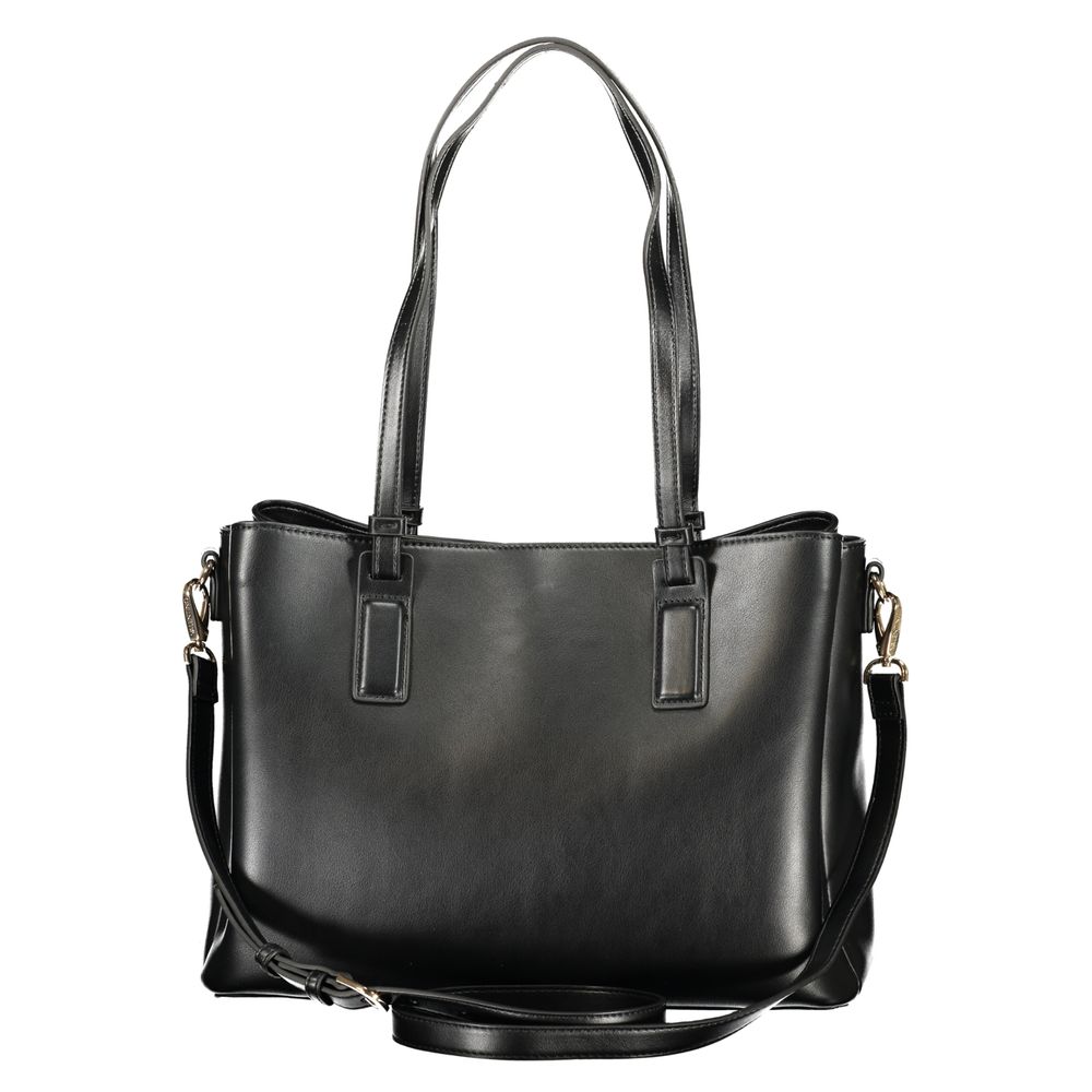 Mario Valentino Black Leather-Finish Handbag with Gold Hardware