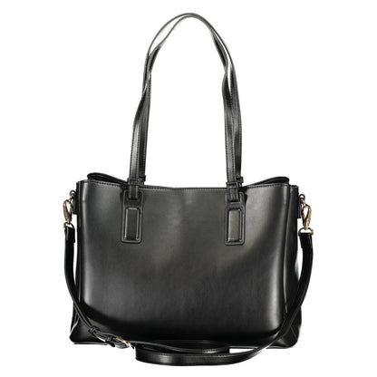 Mario Valentino Black Leather-Finish Handbag with Gold Hardware