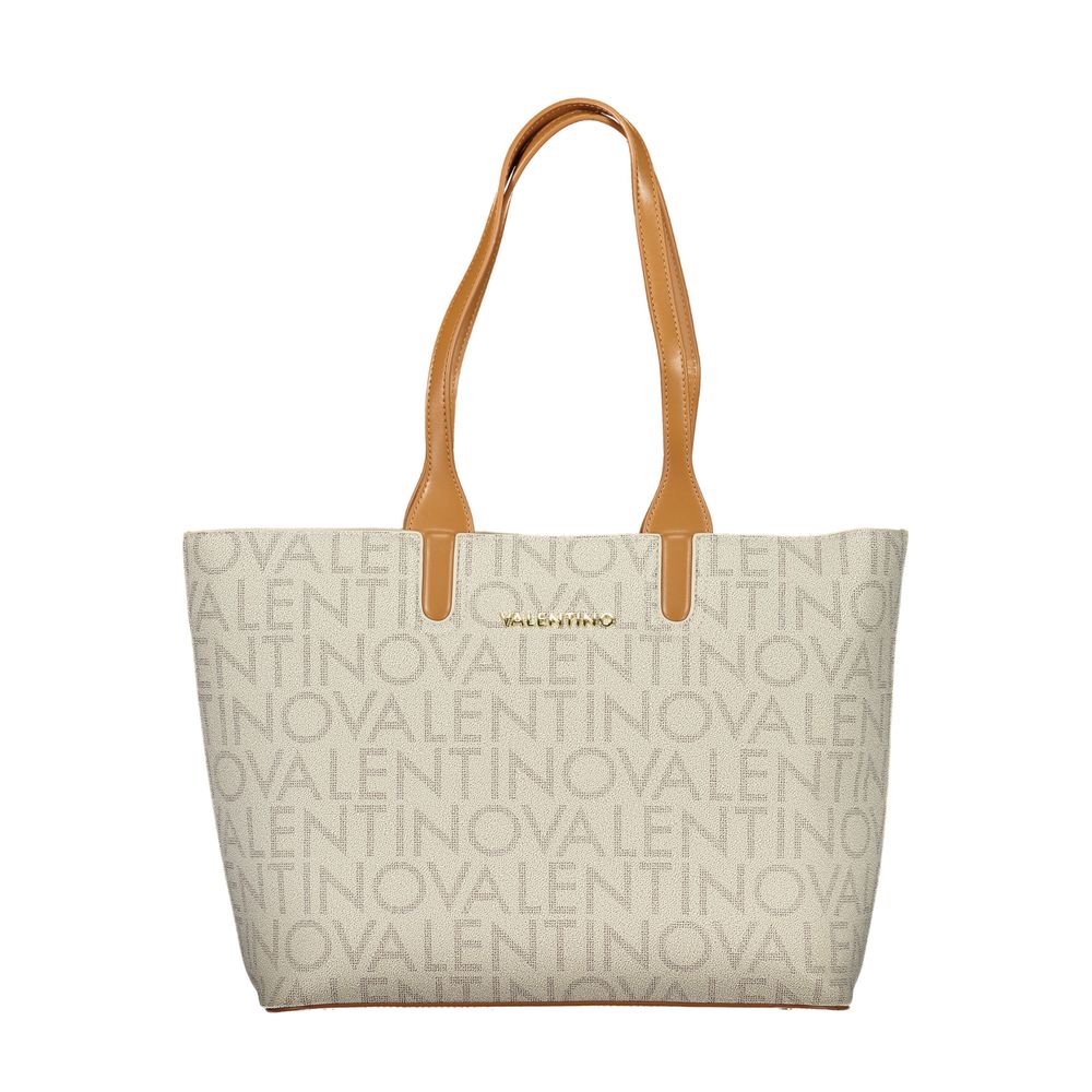 Mario Valentino Beige Leather-Finish Handbag with Contrast Details