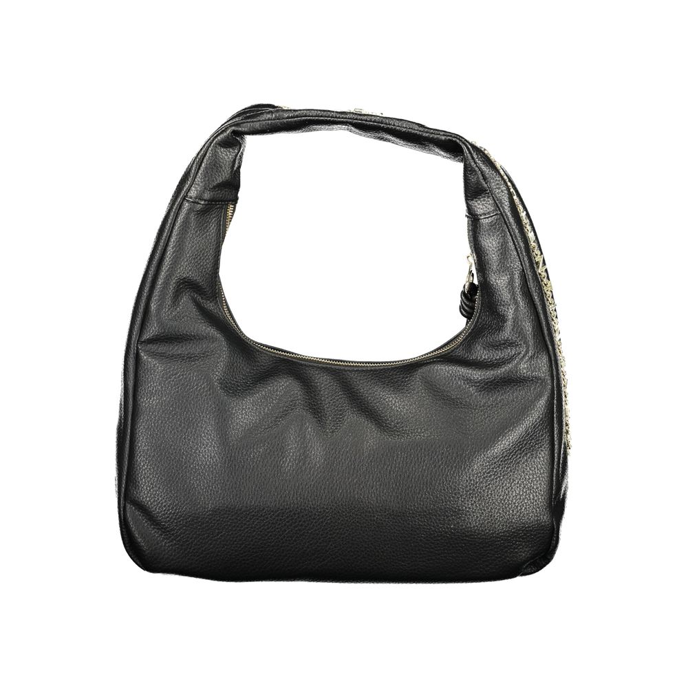 Mario Valentino Black Grained Leather Shoulder Bag with Gold Hardware