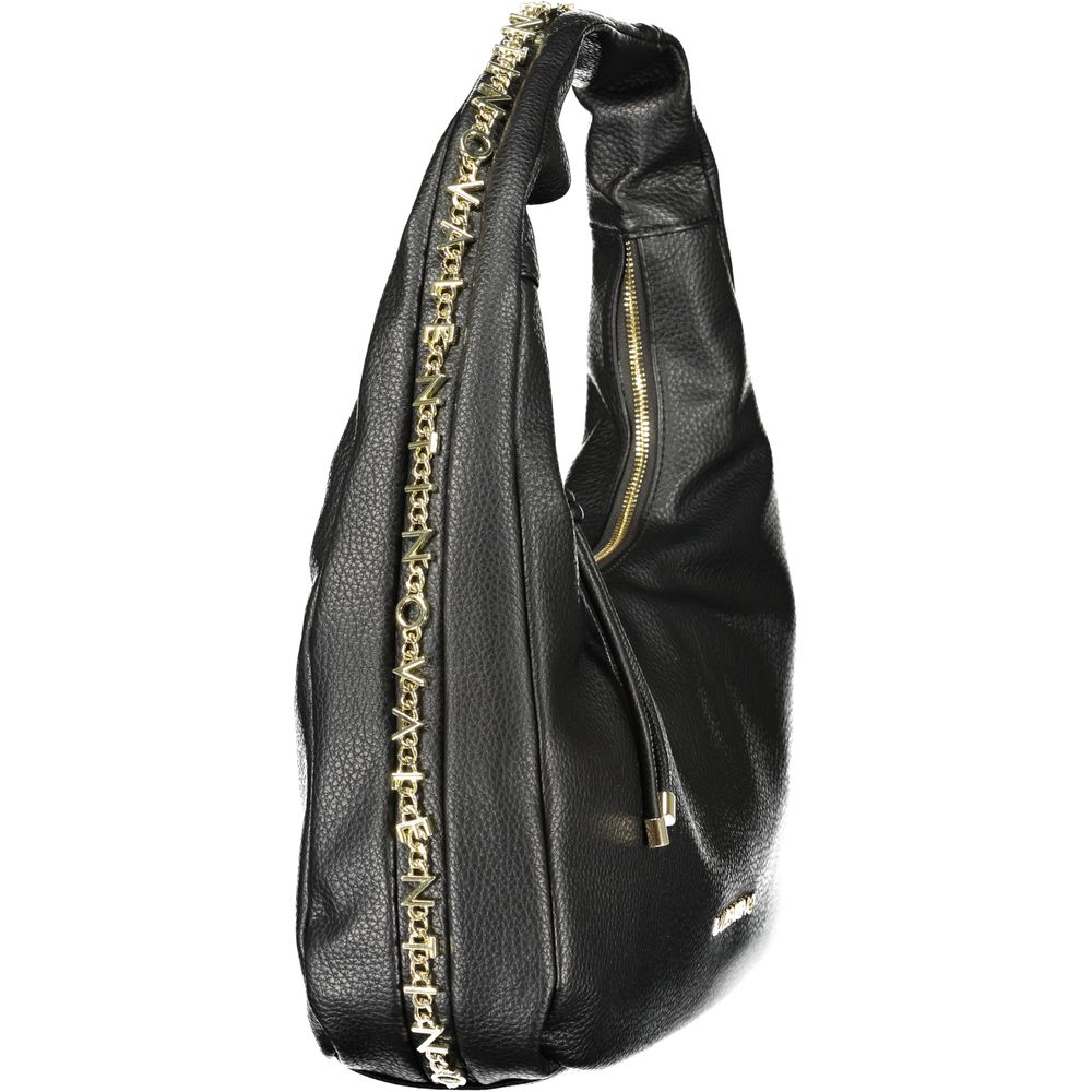Mario Valentino Black Grained Leather Shoulder Bag with Gold Hardware