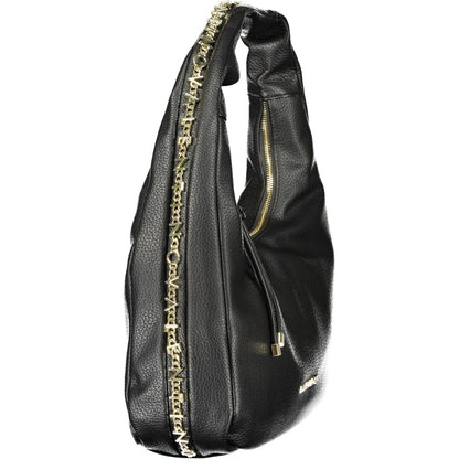 Mario Valentino Black Grained Leather Shoulder Bag with Gold Hardware
