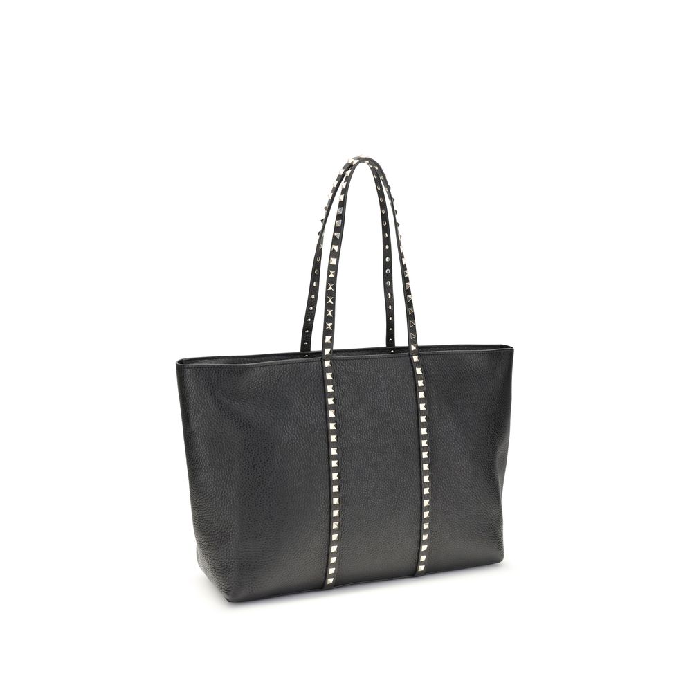 Valentino Garavani Black Calf Leather Rockstud Tote Bag