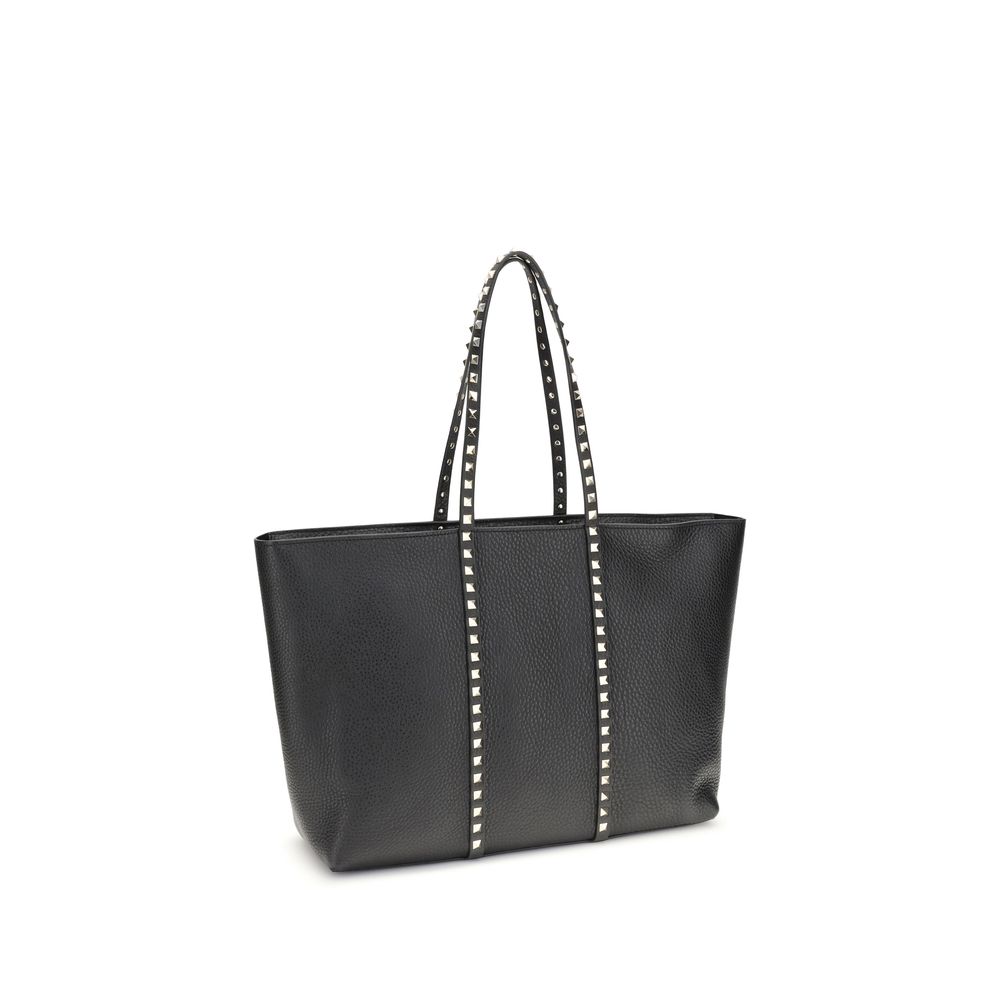 Valentino Garavani Black Calf Leather Rockstud Tote Bag