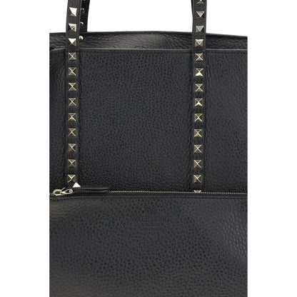 Valentino Garavani Black Calf Leather Rockstud Tote Bag