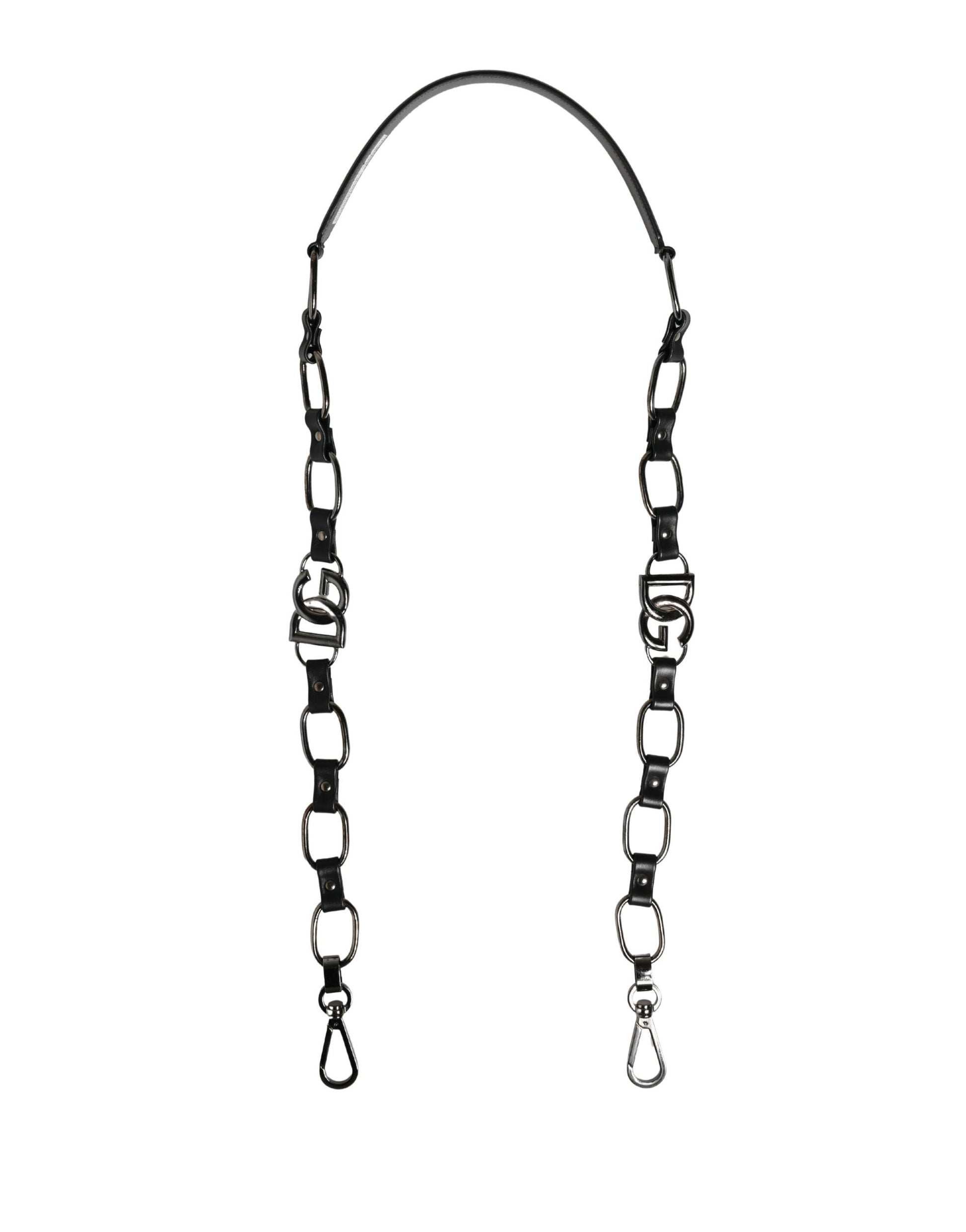 Dolce & Gabbana Black Leather & Silver Chain Shoulder Strap