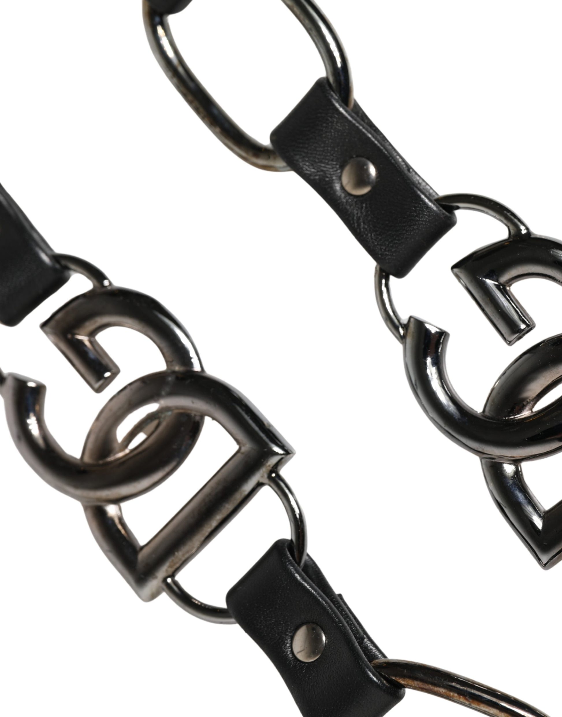 Dolce & Gabbana Black Leather & Silver Chain Shoulder Strap