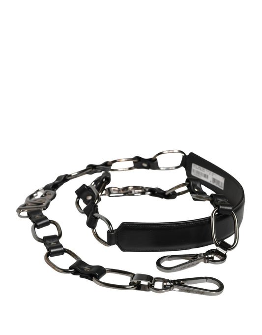 Dolce & Gabbana Black Leather & Silver Chain Shoulder Strap