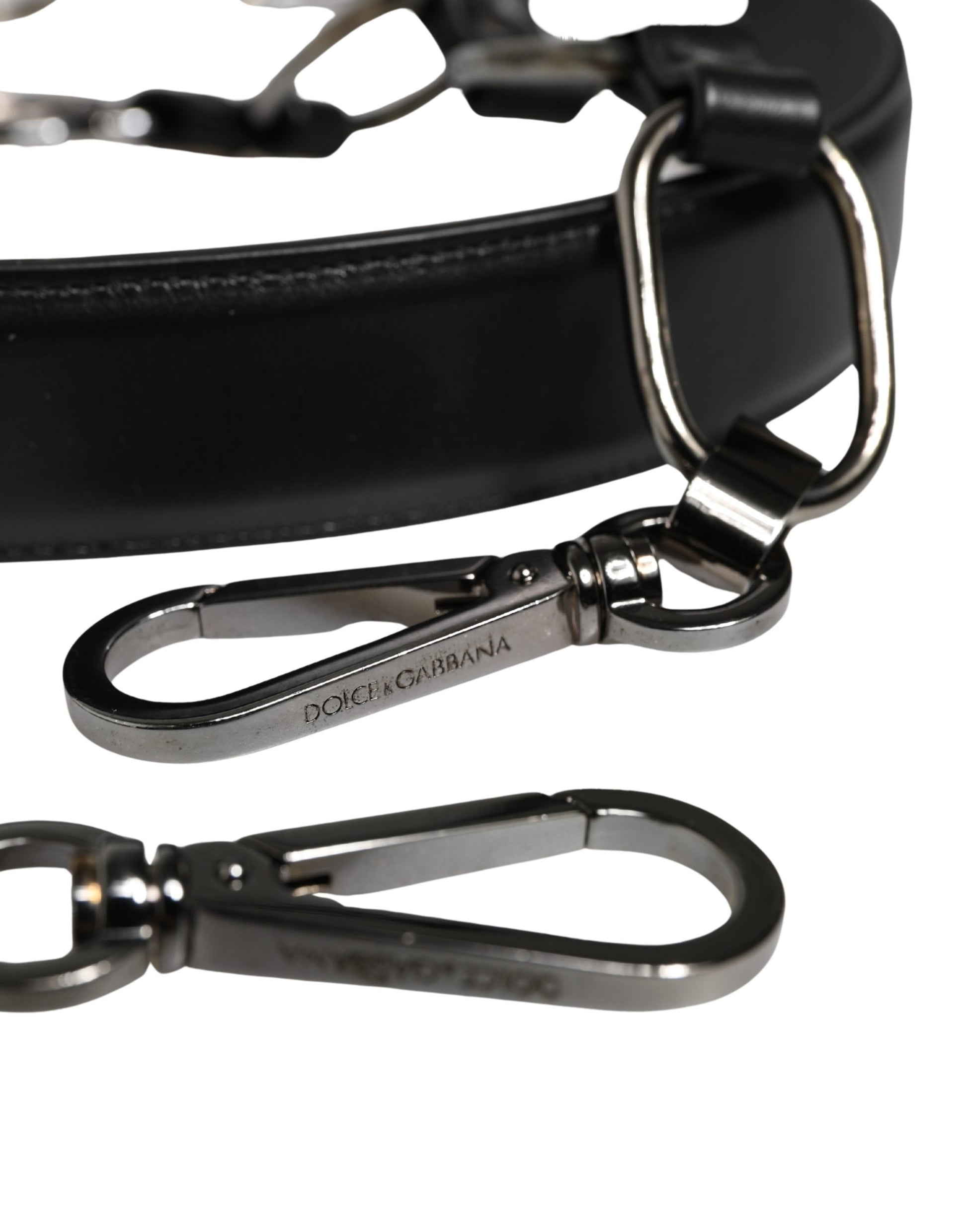 Dolce & Gabbana Black Leather & Silver Chain Shoulder Strap